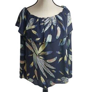 BLVD Womens L Navy Feather Print Off Shoulder Ruffle Layered Boho Top Blouse